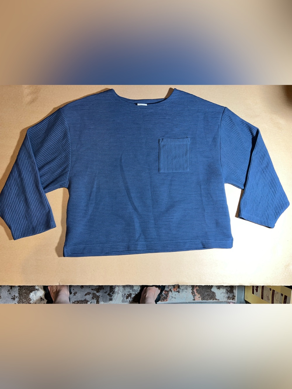 a new day Blue Ribbed Crewneck Sweater with Chest Pocket